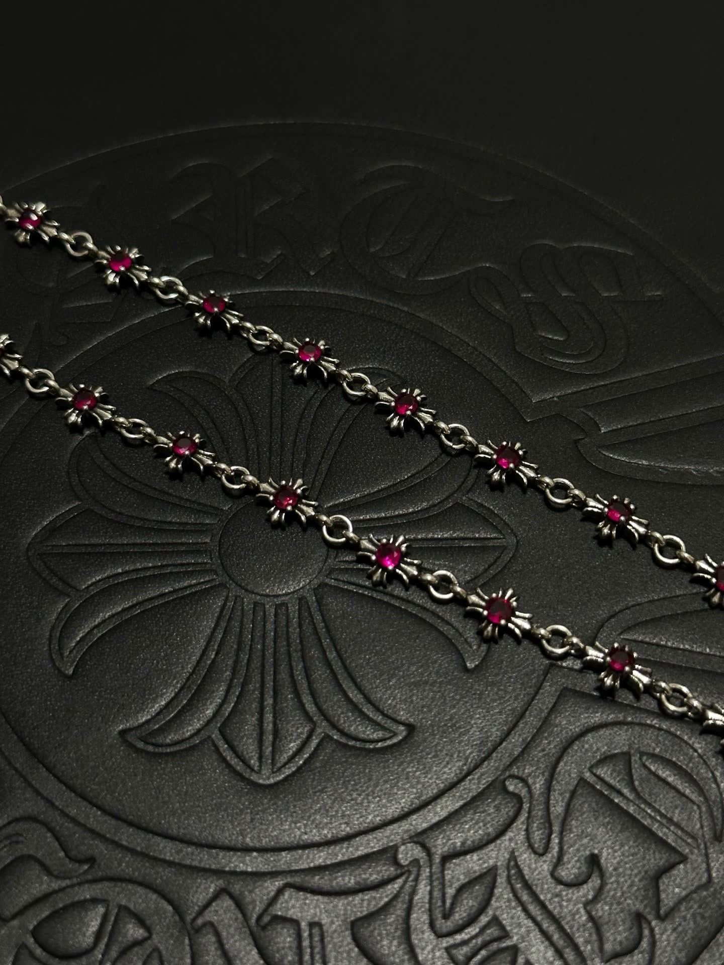 Chrome Hearts Black Cross Necklace with Pink Stones